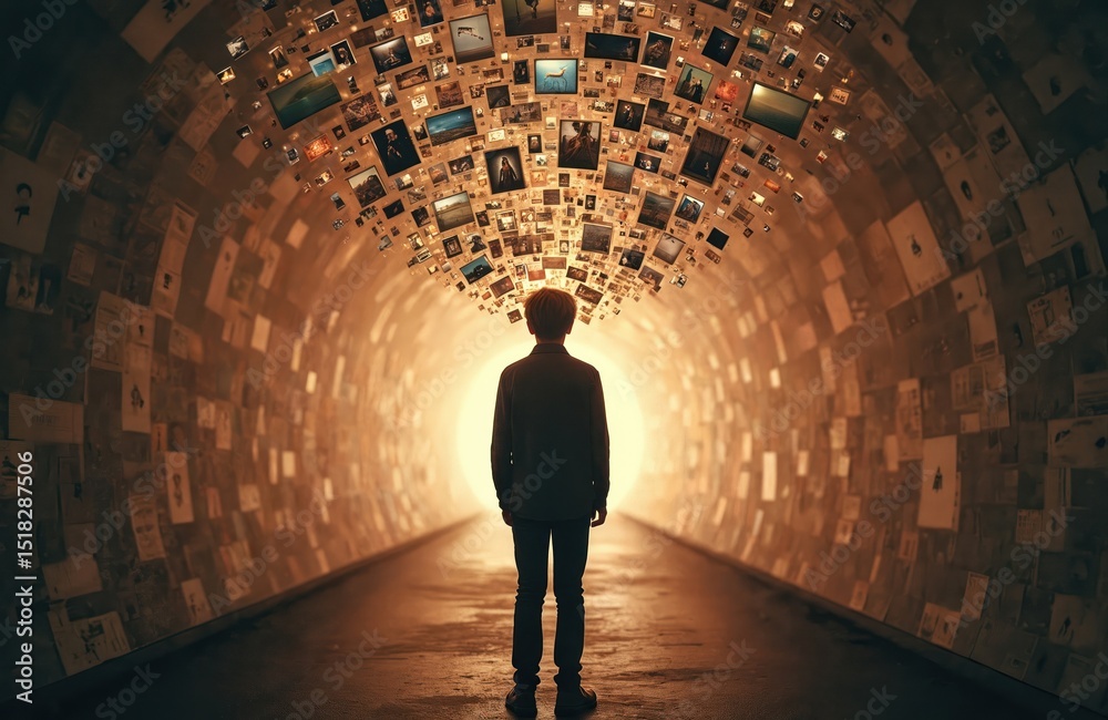 Poster young person stands in tunnel. information, data, images explode from head. overwhelming media overl