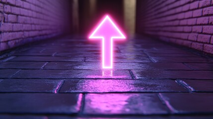 Neon pink arrow on a stone alleyway.
