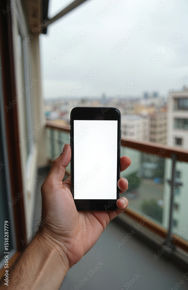 Poster Hand holds smartphone with empty screen. Phone display shows blank white space. City view in background. Person uses mobile device on balcony. Tech, app, web or social media concept.