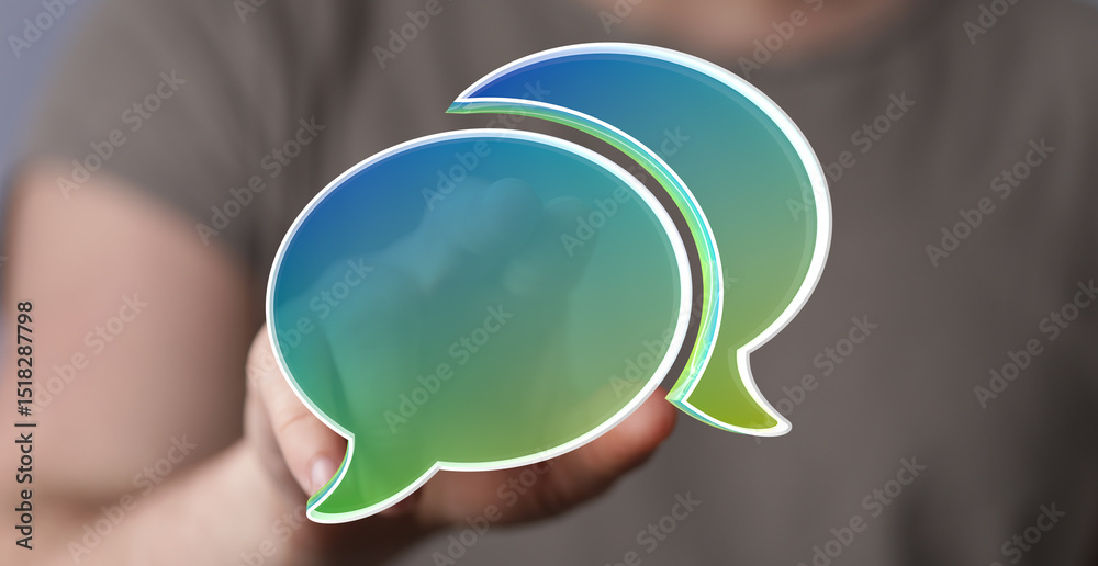 Poster Abstract image of a person holding digital speech bubbles, representing communication, conversation, and connection.