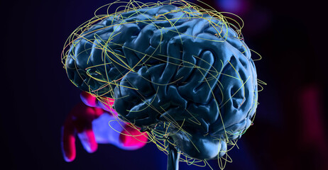 3D rendering of a human brain with highlighted neural pathways.  Perfect for neuroscience, AI, or...