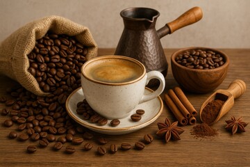 Vintage Coffee Setup with Beans and Hot Espresso
