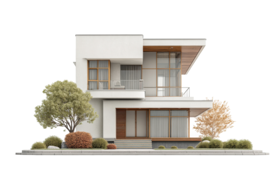 PNG Modern minimalist two-story house with large windows and trees