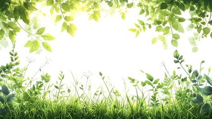 Modern 2D Vector Flat Design with Transparent Background and Lush Green Grass Border Emphasizing Intricate Meadow Herb Details for Digital Artwork