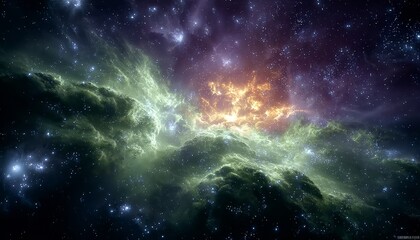 Celestial Tapestry A Cosmic Dance of Fiery Nebulae, Emerald Greens, and Twinkling Stars