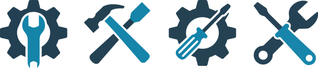 Collection of blue tools and gears illustrations suitable for repair service or construction concepts