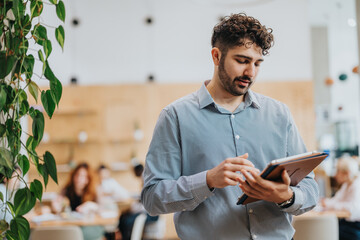 Man wearing a striped shirt using a tablet in a modern co working environment with bright lighting...