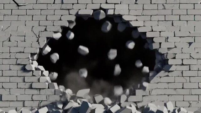 Broken bricks and grunge concrete surface form a textured wall with a hole, revealing the destruction of an old building
