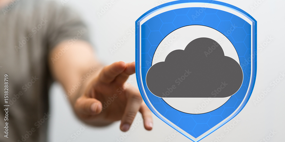 Poster safeguarding your cloud data. image depicts hand reaching for a cloud security shield.