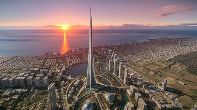 Cinematic Aerial Sunrise Flyover above Jeddah Tower and Futuristic Cityscape
