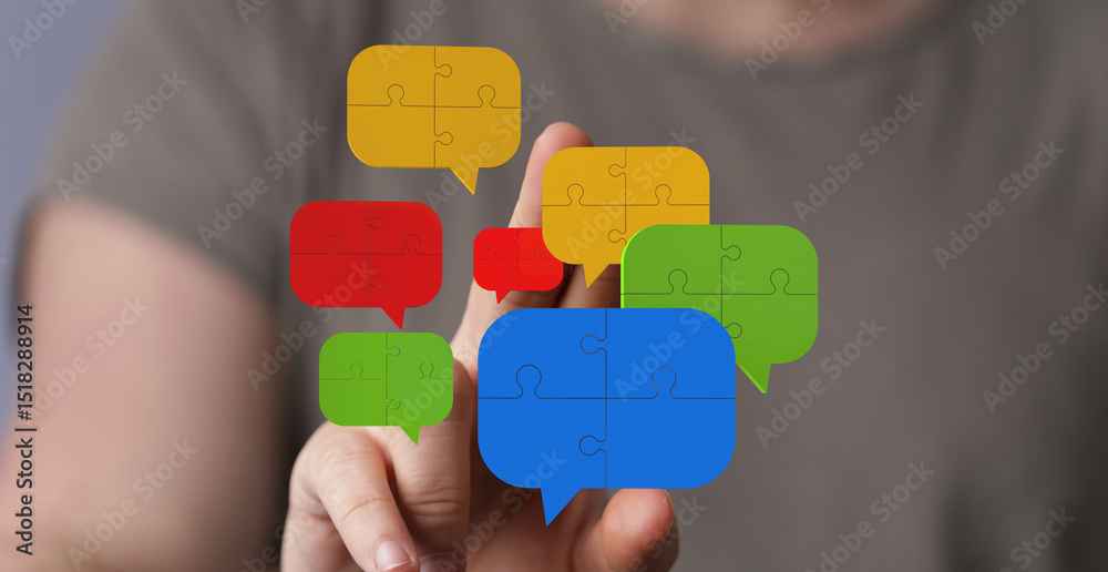 Aufkleber Abstract image of puzzle pieces forming speech bubbles, symbolizing communication and teamwork.