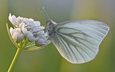 Close-up of a white butterfly perched on delicate flowers in lush grass, surrounded by vibrant green leaves. perfect for advertising creative design emphasizing nature, beauty, and ecological harmony.