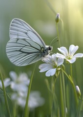 Close-up of a white butterfly perched on delicate flowers in lush grass, surrounded by vibrant green leaves. perfect for advertising creative design emphasizing nature, beauty, and ecological harmony.