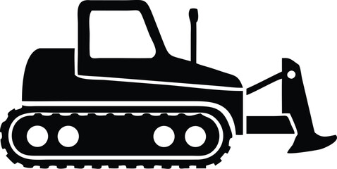 Black and White Illustration of a Heavy Machinery Bulldozer Tractor with Treaded Wheels
