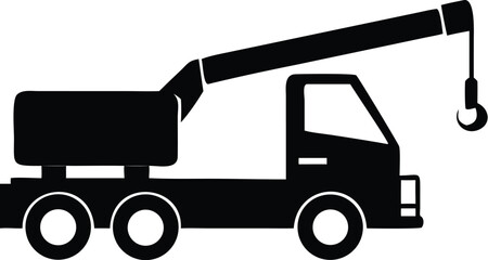 Black Silhouette of a Crane Truck with a Hook, Isolated on White Background