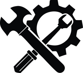 Black and White Illustration of a Hammer, Wrench, and Gear Symbolizing Mechanical Work