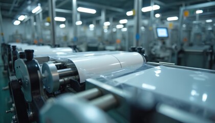 Fototapeta premium Production line machinery packaging products in plastic film. Industrial automation equipment in modern factory. Automated process, logistics, manufacturing, supply chain, workflow, product handling,