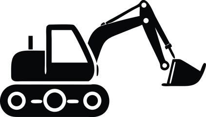 Black Silhouette Illustration of Excavator Machine Construction Equipment, Detailed Arm and Bucket Design