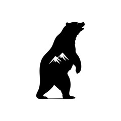 Fototapeta premium Minimalist vector of a standing bear with mountain landscape inside its body. Nature-inspired black logo combining wildlife and mountains in one silhouette.