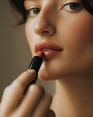 Close-up of a person applying lipstick in a soft, natural light setting focusing on beauty and self-care