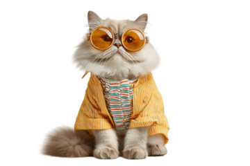 PNG Stylish cat in sunglasses and striped shirt with orange jacket