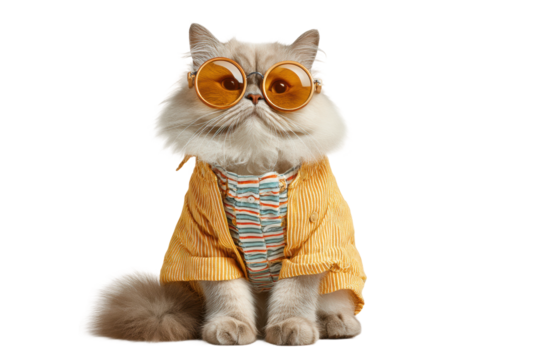 PNG Stylish cat in sunglasses and striped shirt with orange jacket