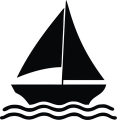 Fototapeta premium Black Silhouette of a Sailboat on Wavy Water, Simple Marine Design Illustration