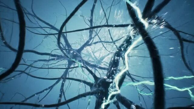 3D animation of a mesmerizing journey through an interconnected neuron cell network inside the human brain. The environment is dark and ambient, lit with glowing techno-blue tones