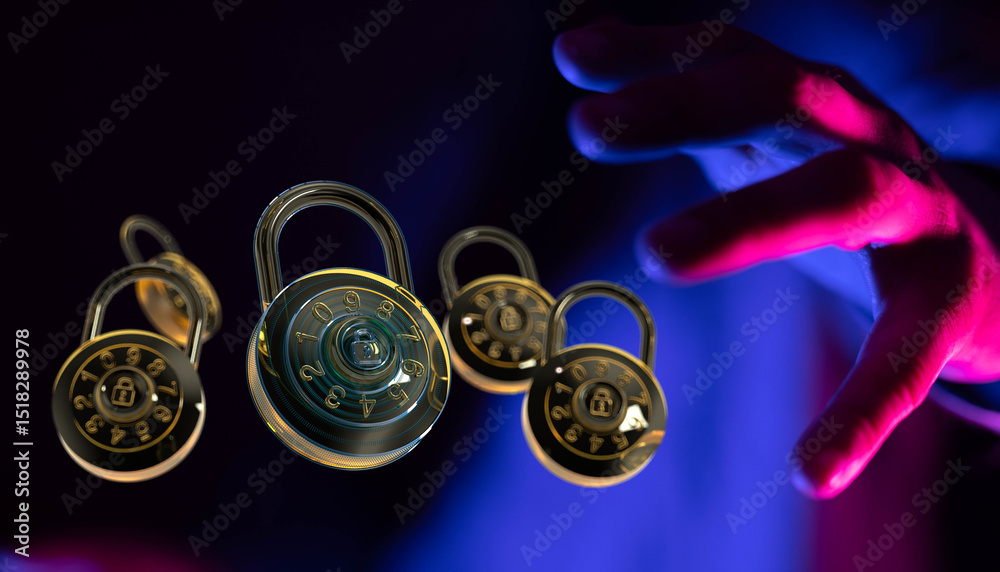 Poster Abstract image of combination locks floating, hand reaching.  Data security, privacy, hacking concept.