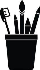 Black and White Illustration of a Pen Holder with Various Writing Utensils Inside
