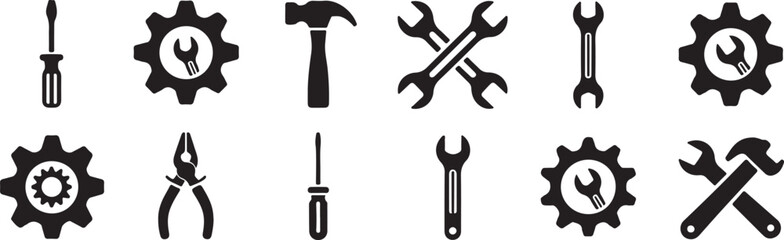 Collection of various black and white repair and maintenance tools icons for design