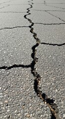 Obraz premium Close-up of a cracked asphalt road surface with dramatic lighting, revealing deep fractures and weathered textures. The image captures the gritty detail of urban decay and infrastructure deterioration