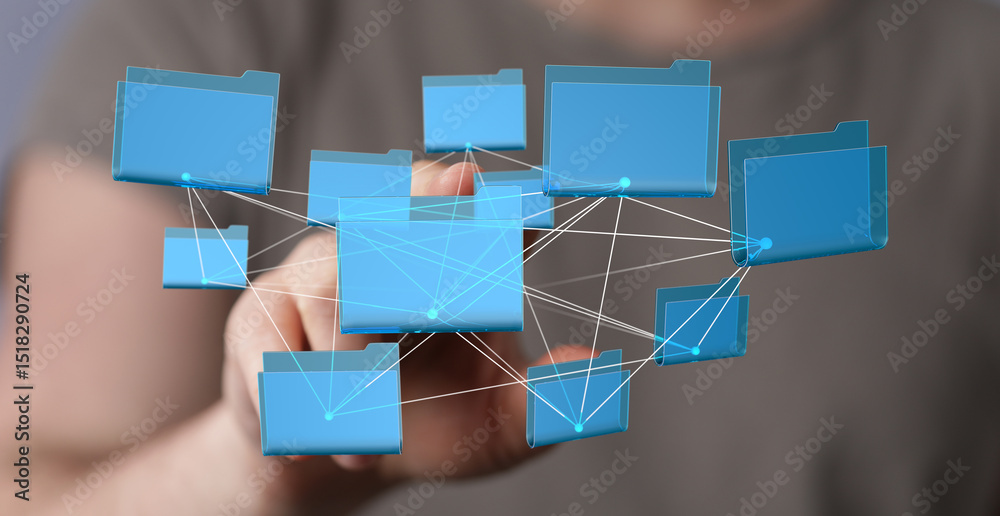 Poster Hand interacting with a network of digital files and folders. Concept of data management, cloud storage, and file sharing.