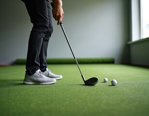 Golfer practices swing indoors on artificial turf. Player focuses on grip stance. Golf club hits ball, indoor golf simulator training. Sport activity, leisure recreation. Technique exercise.