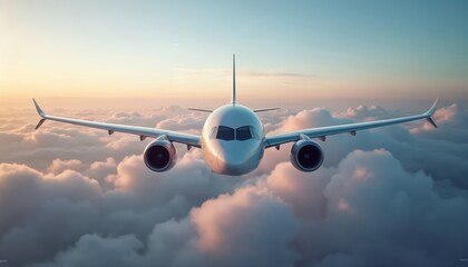 Naklejka premium Front view of airplane flying towards camera over clouds. Modern travel, technological progress concept. Aerial view of plane in the sky, flight. Transportation, aviation, engineering, journey.