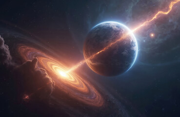 Obraz premium Illustration cosmic event. Earth observes distant quasar, radiating energy beam in space. Nebula, galaxy swirling around. Astrophysics exploration, extraterrestrial, stellar view from another world.