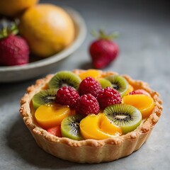  vibrant fruit tart beautifully presented on a stone surface. The tart features a golden, crisp pastry shell filled with creamy custard and topped with an assortment of fresh fruits including raspberr