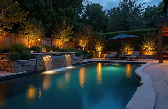 Luxury outdoor backyard swimming pool at night with lighting. Contemporary design, waterfall, lounge zone, wooden deck. Tropical resort, holiday vacation rest, relaxation, leisure. Home exterior at