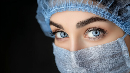 A focused medical professional in surgical mask, eyes intense with determination -- dedication in healthcare.