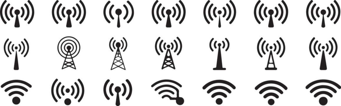 Collection of various wireless signal icons representing technology and data transmission