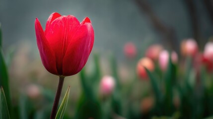 Fototapeta premium Single red tulip in full bloom standing gracefully against a blurred background