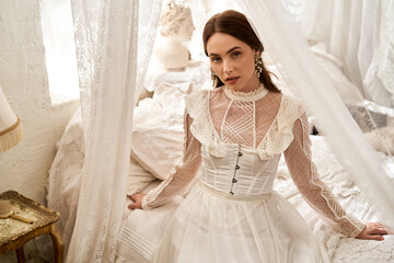 Elegance captured in a vintage setting with a beautiful young woman in a stunning dress