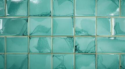 Lush teal tiles framed with brass lines, illuminated from the side to highlight subtle variations in hue and glaze.