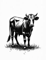 Black outline visual illustration of cow, isolated on white background. Cow silhouette grazing on grass. Agriculture, farming, meat, dairy product, beef concept, design element.