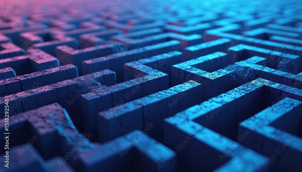 Poster Abstract infinite blue maze background. Concept business challenge, solution. Design complex structure with neon lights. Concept of decision making, problem solving with path, challenge, puzzle
