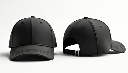 Set of black baseball caps, front and side view on white background. Blank hat mockup template design for branding. Casual accessory for headwear, streetwear style, sport uniform.