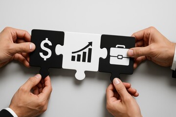 Four hands holding puzzle pieces with business icons, symbolizing financial growth and collaboration