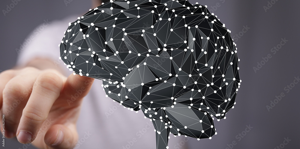 Poster Abstract image of a digital brain, representing AI, neural networks, or data processing.
