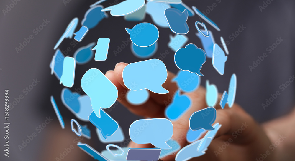 Leinwandbilder hand interacting with a sphere of digital speech bubbles, symbolizing global communication and netwo