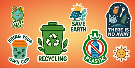 Eco-Friendly Sticker Set - Save Earth, Recycling, Ban Plastic Vector Pack